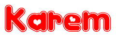 The image is a red and white graphic with the word Karem written in a decorative script. Each letter in  is contained within its own outlined bubble-like shape. Inside each letter, there is a white heart symbol.