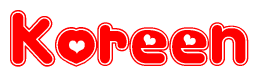 The image is a red and white graphic with the word Koreen written in a decorative script. Each letter in  is contained within its own outlined bubble-like shape. Inside each letter, there is a white heart symbol.