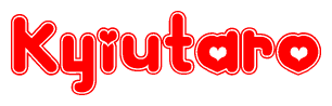 The image is a red and white graphic with the word Kyiutaro written in a decorative script. Each letter in  is contained within its own outlined bubble-like shape. Inside each letter, there is a white heart symbol.