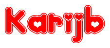 The image is a clipart featuring the word Karijb written in a stylized font with a heart shape replacing inserted into the center of each letter. The color scheme of the text and hearts is red with a light outline.