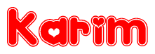 The image is a clipart featuring the word Karim written in a stylized font with a heart shape replacing inserted into the center of each letter. The color scheme of the text and hearts is red with a light outline.