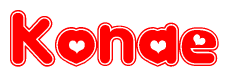 The image is a clipart featuring the word Konae written in a stylized font with a heart shape replacing inserted into the center of each letter. The color scheme of the text and hearts is red with a light outline.