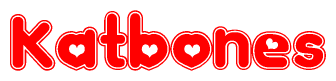 The image is a clipart featuring the word Katbones written in a stylized font with a heart shape replacing inserted into the center of each letter. The color scheme of the text and hearts is red with a light outline.
