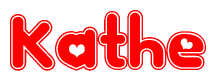 The image is a clipart featuring the word Kathe written in a stylized font with a heart shape replacing inserted into the center of each letter. The color scheme of the text and hearts is red with a light outline.