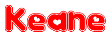 The image displays the word Keane written in a stylized red font with hearts inside the letters.
