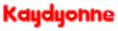 The image is a red and white graphic with the word Kaydyonne written in a decorative script. Each letter in  is contained within its own outlined bubble-like shape. Inside each letter, there is a white heart symbol.