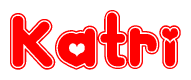 The image is a red and white graphic with the word Katri written in a decorative script. Each letter in  is contained within its own outlined bubble-like shape. Inside each letter, there is a white heart symbol.