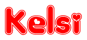 The image is a clipart featuring the word Kelsi written in a stylized font with a heart shape replacing inserted into the center of each letter. The color scheme of the text and hearts is red with a light outline.
