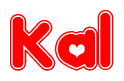 The image is a clipart featuring the word Kal written in a stylized font with a heart shape replacing inserted into the center of each letter. The color scheme of the text and hearts is red with a light outline.