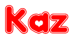 The image is a red and white graphic with the word Kaz written in a decorative script. Each letter in  is contained within its own outlined bubble-like shape. Inside each letter, there is a white heart symbol.