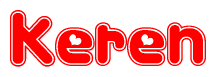 The image is a clipart featuring the word Keren written in a stylized font with a heart shape replacing inserted into the center of each letter. The color scheme of the text and hearts is red with a light outline.