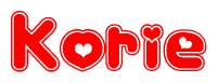 The image is a red and white graphic with the word Korie written in a decorative script. Each letter in  is contained within its own outlined bubble-like shape. Inside each letter, there is a white heart symbol.