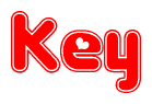 The image is a red and white graphic with the word Key written in a decorative script. Each letter in  is contained within its own outlined bubble-like shape. Inside each letter, there is a white heart symbol.