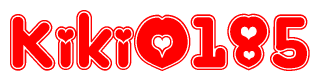 The image is a red and white graphic with the word Kiki0185 written in a decorative script. Each letter in  is contained within its own outlined bubble-like shape. Inside each letter, there is a white heart symbol.