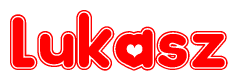The image is a clipart featuring the word Lukasz written in a stylized font with a heart shape replacing inserted into the center of each letter. The color scheme of the text and hearts is red with a light outline.