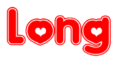 The image is a clipart featuring the word Long written in a stylized font with a heart shape replacing inserted into the center of each letter. The color scheme of the text and hearts is red with a light outline.