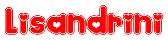 The image is a red and white graphic with the word Lisandrini written in a decorative script. Each letter in  is contained within its own outlined bubble-like shape. Inside each letter, there is a white heart symbol.