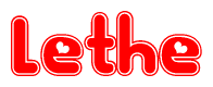 The image is a red and white graphic with the word Lethe written in a decorative script. Each letter in  is contained within its own outlined bubble-like shape. Inside each letter, there is a white heart symbol.