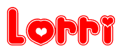 The image is a clipart featuring the word Lorri written in a stylized font with a heart shape replacing inserted into the center of each letter. The color scheme of the text and hearts is red with a light outline.