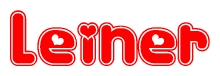 The image is a red and white graphic with the word Leiner written in a decorative script. Each letter in  is contained within its own outlined bubble-like shape. Inside each letter, there is a white heart symbol.