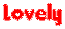 The image is a red and white graphic with the word Lovely written in a decorative script. Each letter in  is contained within its own outlined bubble-like shape. Inside each letter, there is a white heart symbol.