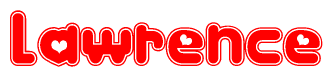 The image is a red and white graphic with the word Lawrence written in a decorative script. Each letter in  is contained within its own outlined bubble-like shape. Inside each letter, there is a white heart symbol.