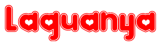 The image is a red and white graphic with the word Laquanya written in a decorative script. Each letter in  is contained within its own outlined bubble-like shape. Inside each letter, there is a white heart symbol.
