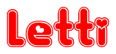 The image is a red and white graphic with the word Letti written in a decorative script. Each letter in  is contained within its own outlined bubble-like shape. Inside each letter, there is a white heart symbol.