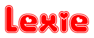 The image is a red and white graphic with the word Lexie written in a decorative script. Each letter in  is contained within its own outlined bubble-like shape. Inside each letter, there is a white heart symbol.