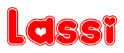 The image is a red and white graphic with the word Lassi written in a decorative script. Each letter in  is contained within its own outlined bubble-like shape. Inside each letter, there is a white heart symbol.