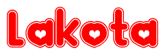  The image is a red and white graphic with the word Lakota written in a decorative script. Each letter in  is contained within its own outlined bubble-like shape. Inside each letter, there is a white heart symbol. 