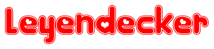 The image is a clipart featuring the word Leyendecker written in a stylized font with a heart shape replacing inserted into the center of each letter. The color scheme of the text and hearts is red with a light outline.