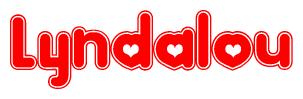 The image is a red and white graphic with the word Lyndalou written in a decorative script. Each letter in  is contained within its own outlined bubble-like shape. Inside each letter, there is a white heart symbol.