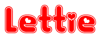 The image is a red and white graphic with the word Lettie written in a decorative script. Each letter in  is contained within its own outlined bubble-like shape. Inside each letter, there is a white heart symbol.
