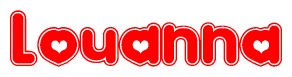 The image is a red and white graphic with the word Louanna written in a decorative script. Each letter in  is contained within its own outlined bubble-like shape. Inside each letter, there is a white heart symbol.