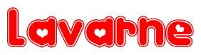 The image is a red and white graphic with the word Lavarne written in a decorative script. Each letter in  is contained within its own outlined bubble-like shape. Inside each letter, there is a white heart symbol.