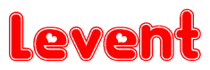 The image is a red and white graphic with the word Levent written in a decorative script. Each letter in  is contained within its own outlined bubble-like shape. Inside each letter, there is a white heart symbol.