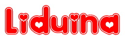 The image displays the word Liduina written in a stylized red font with hearts inside the letters.