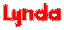 The image is a clipart featuring the word Lynda written in a stylized font with a heart shape replacing inserted into the center of each letter. The color scheme of the text and hearts is red with a light outline.