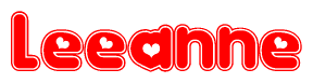 The image is a red and white graphic with the word Leeanne written in a decorative script. Each letter in  is contained within its own outlined bubble-like shape. Inside each letter, there is a white heart symbol.