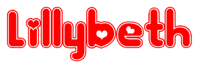 The image is a clipart featuring the word Lillybeth written in a stylized font with a heart shape replacing inserted into the center of each letter. The color scheme of the text and hearts is red with a light outline.