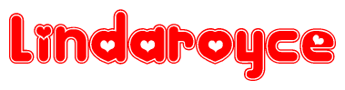 The image is a clipart featuring the word Lindaroyce written in a stylized font with a heart shape replacing inserted into the center of each letter. The color scheme of the text and hearts is red with a light outline.