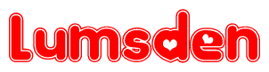The image is a clipart featuring the word Lumsden written in a stylized font with a heart shape replacing inserted into the center of each letter. The color scheme of the text and hearts is red with a light outline.