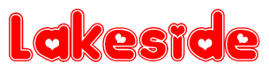 The image displays the word Lakeside written in a stylized red font with hearts inside the letters.