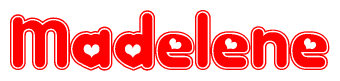 The image is a red and white graphic with the word Madelene written in a decorative script. Each letter in  is contained within its own outlined bubble-like shape. Inside each letter, there is a white heart symbol.