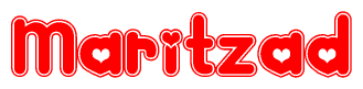 The image is a red and white graphic with the word Maritzad written in a decorative script. Each letter in  is contained within its own outlined bubble-like shape. Inside each letter, there is a white heart symbol.