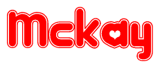 The image is a red and white graphic with the word Mckay written in a decorative script. Each letter in  is contained within its own outlined bubble-like shape. Inside each letter, there is a white heart symbol.