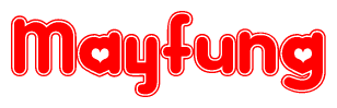 The image is a red and white graphic with the word Mayfung written in a decorative script. Each letter in  is contained within its own outlined bubble-like shape. Inside each letter, there is a white heart symbol.