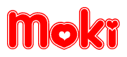 The image is a clipart featuring the word Moki written in a stylized font with a heart shape replacing inserted into the center of each letter. The color scheme of the text and hearts is red with a light outline.