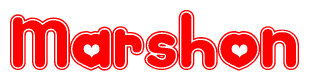 The image is a clipart featuring the word Marshon written in a stylized font with a heart shape replacing inserted into the center of each letter. The color scheme of the text and hearts is red with a light outline.